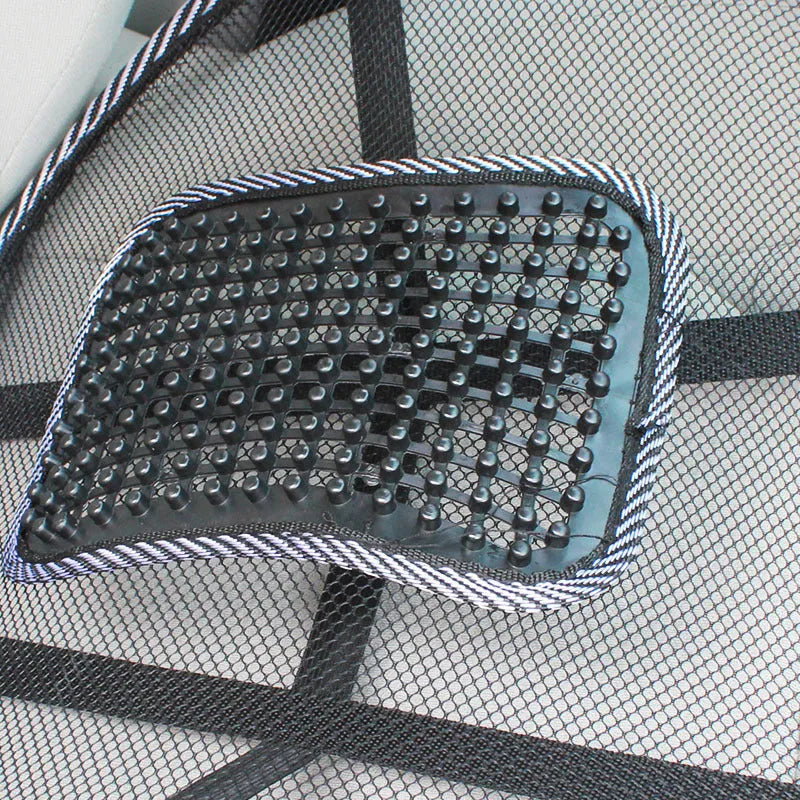 Black lumbar support pillow for car seat measuring 41 by 39 centimetres.