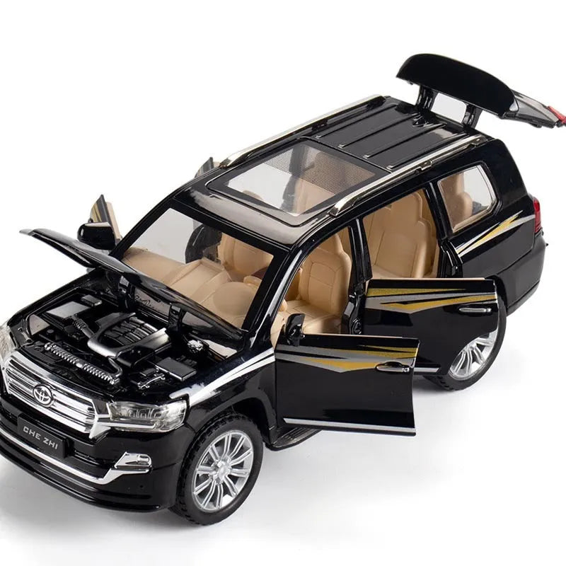 Alloy pull back off-road vehicle car model 1:24 scale sound and light in black on white background