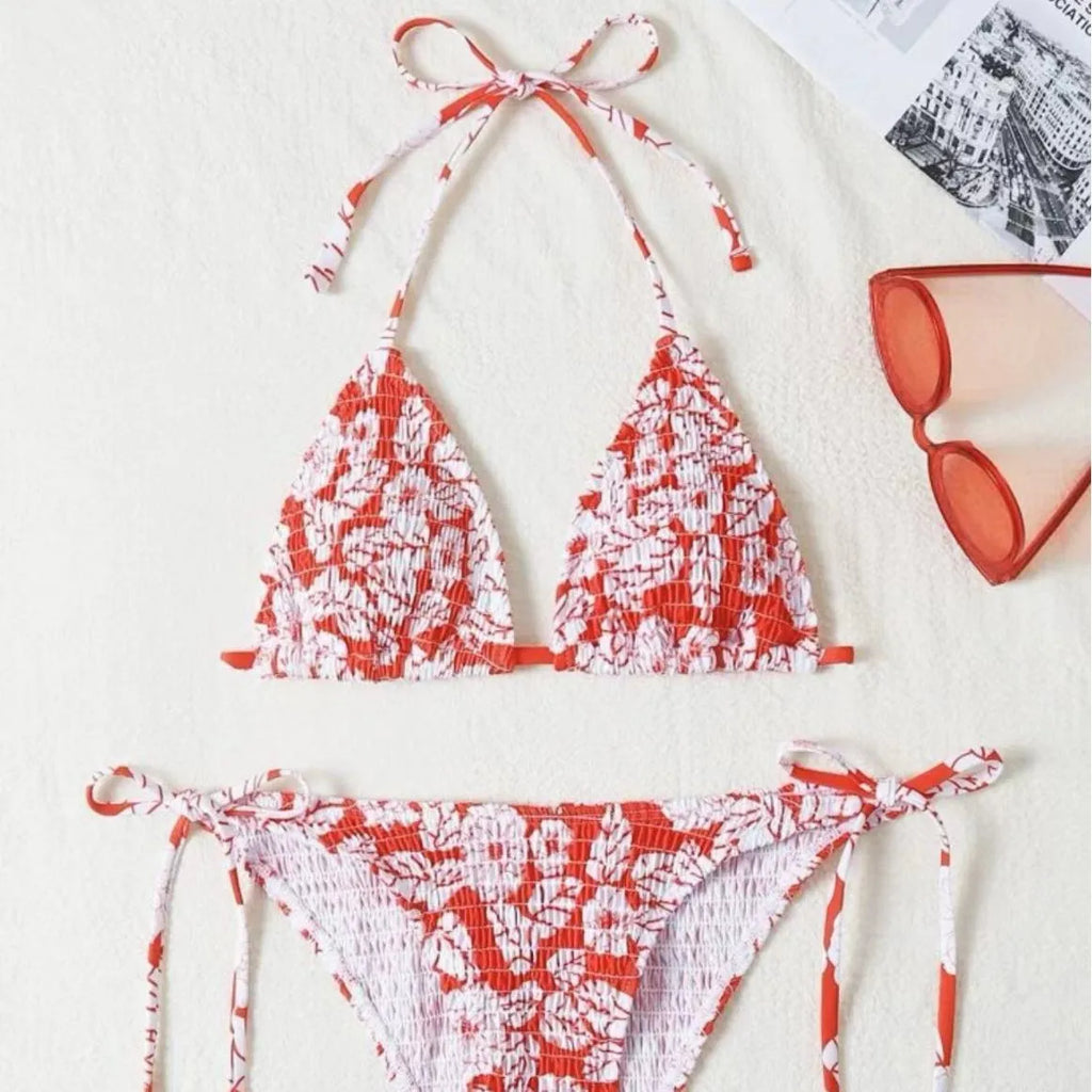 Women's halter swimsuit with floral pattern briefs in multiple colour options