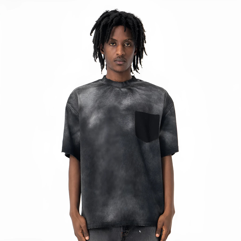 Black cotton men's t-shirt with printed letter design and loose fit short sleeves