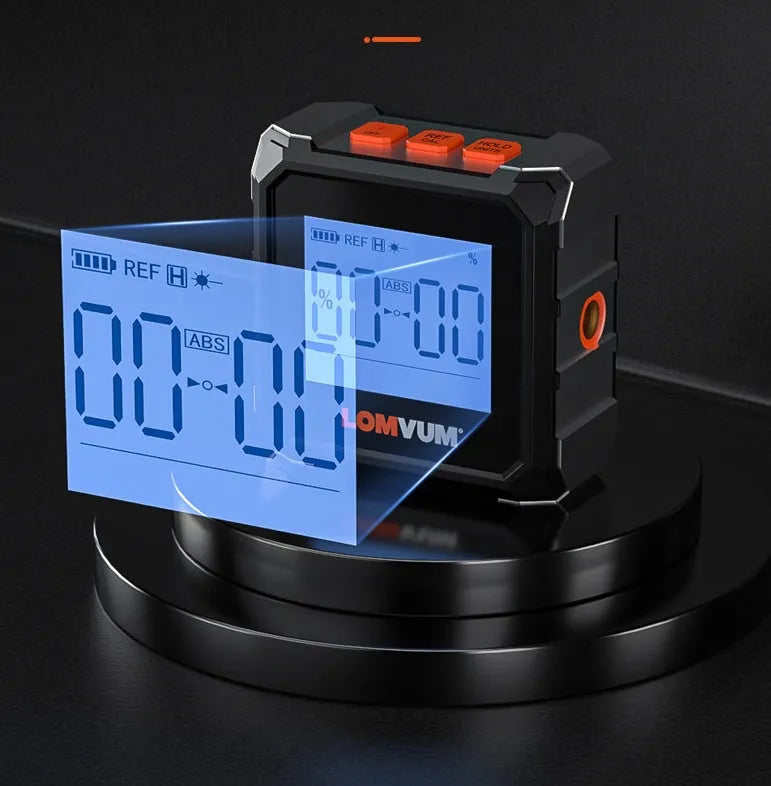 Digital laser inclinometer tape measure with alloy casing and backlit display on a metal surface.
