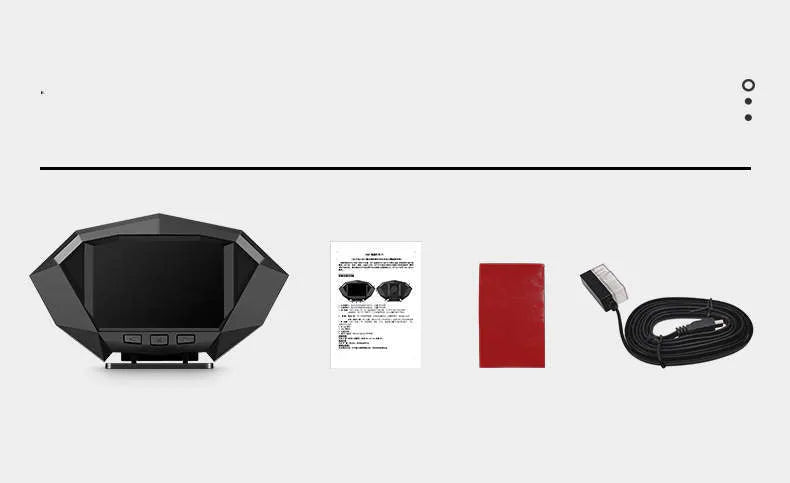 Black car HUD display unit with LCD screen, OBD cable, and anti-slip pad on dashboard
