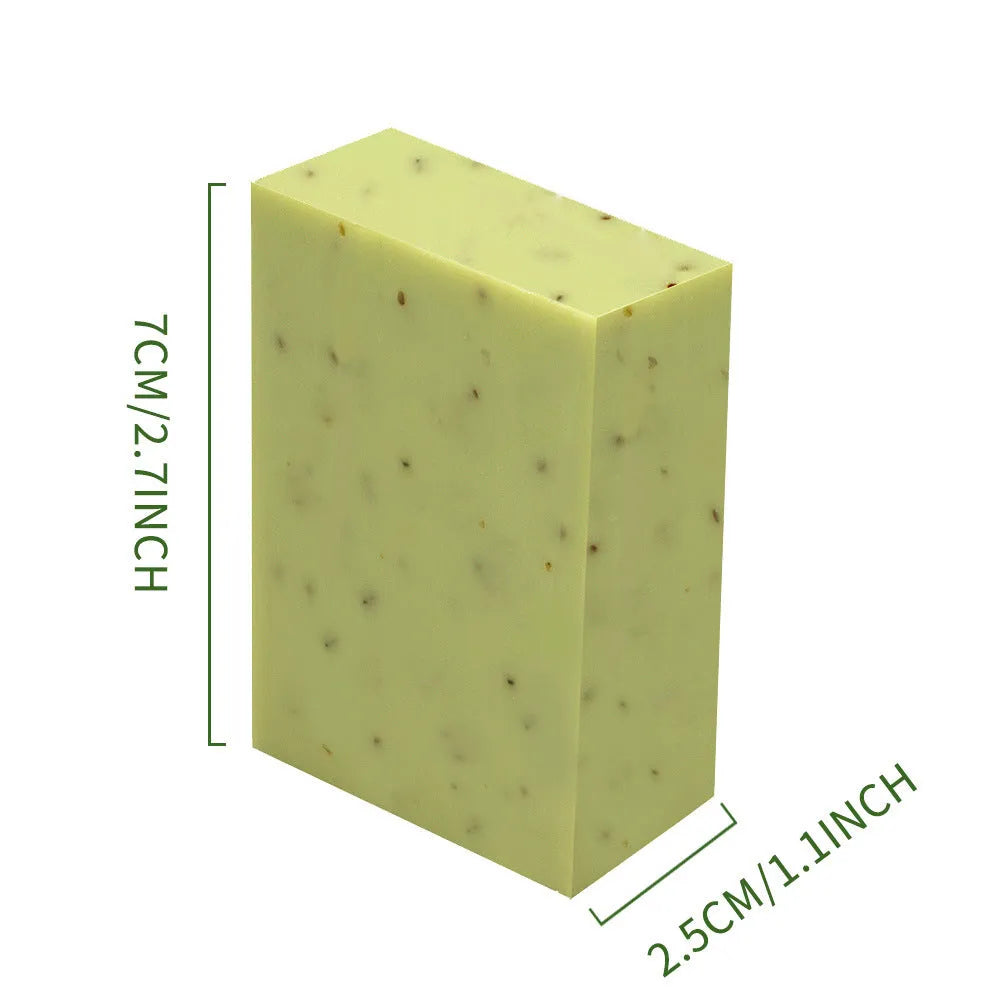 Handmade essential oil soap bar with frosted finish in 100g size showing plant-based ingredients