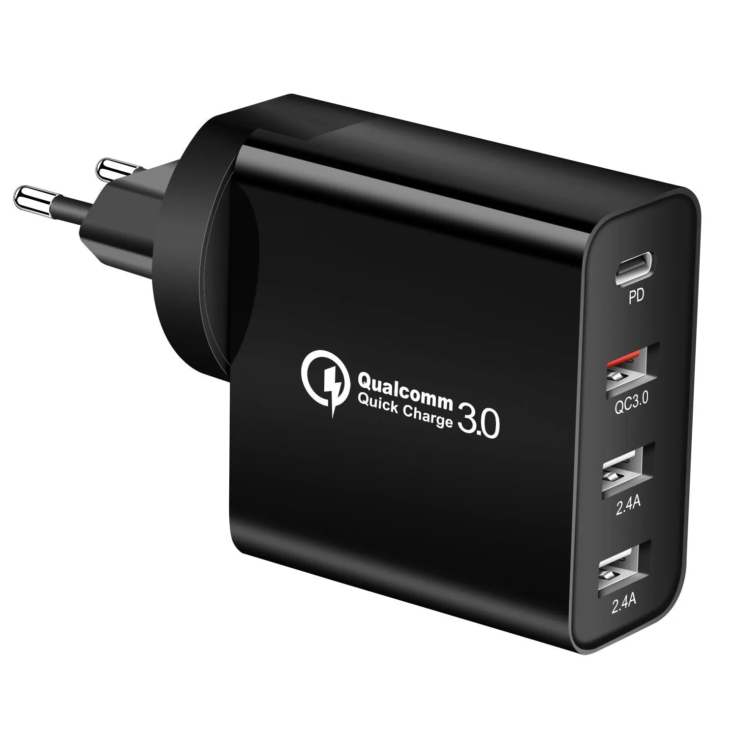 Black 48W four-port USB-C charger with UK plug for multiple device charging