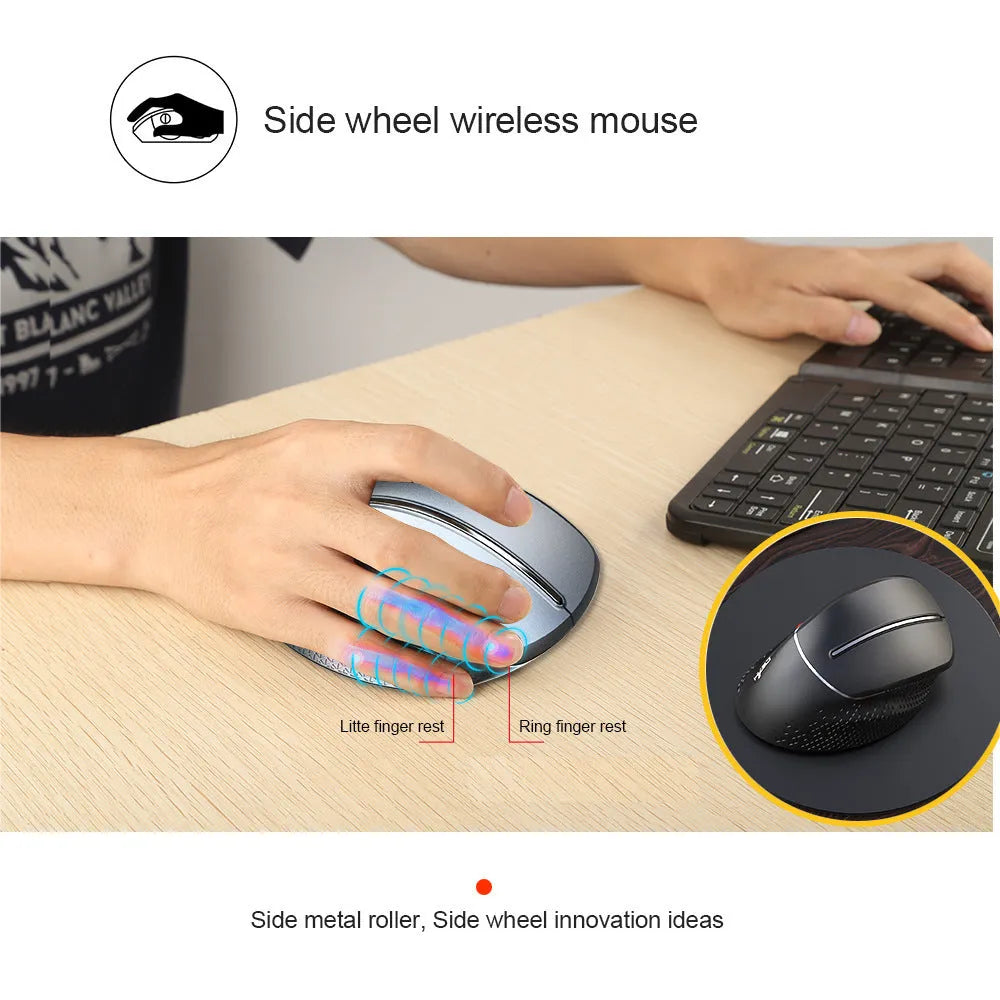 T32 Wireless Vertical Mouse in black or silver with aluminium side roller on desk