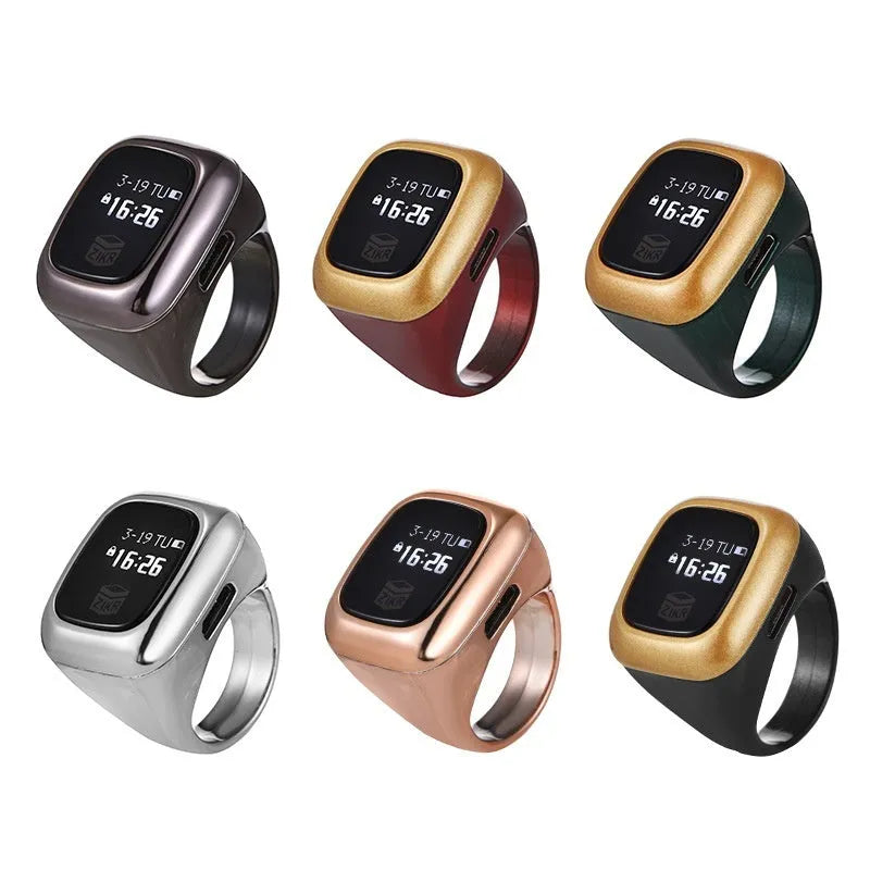 Electronic dhikr counter on wrist showing digital display, available in black, space gray, rose gold, silver, wine red, or green.