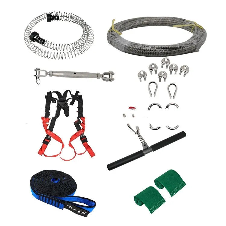 Ziptreck 10 metre pulley slide rope set with handle, safety retractor, and multiple alloy steel components