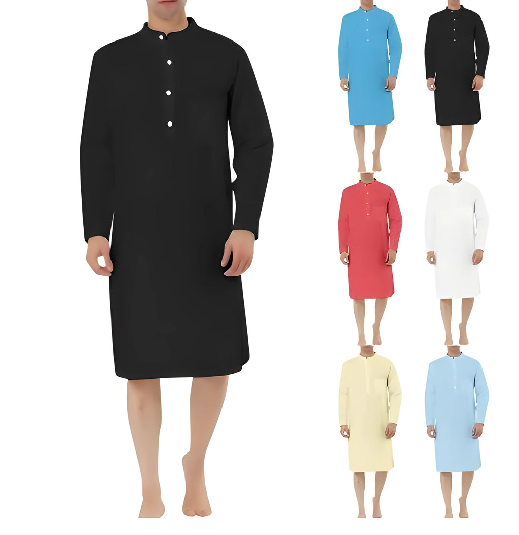 Men's cotton shirt robe with pockets shown in multiple colour options