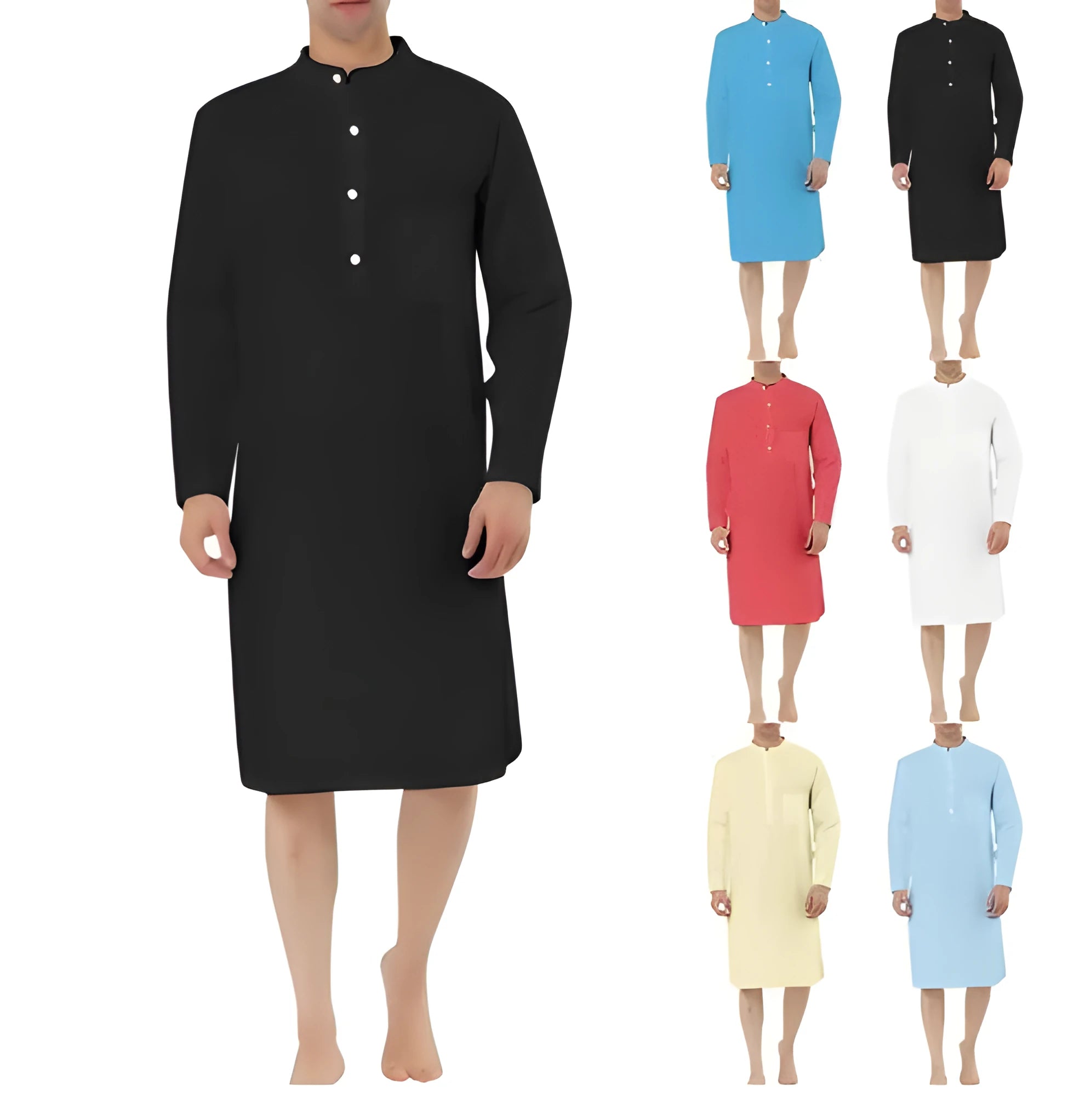 Men's cotton shirt robe with pockets shown in multiple colour options