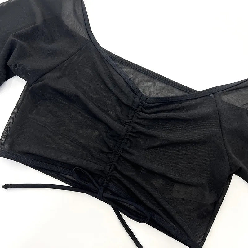 Black mesh women's bikini four-piece swimsuit with long sleeves and briefs style