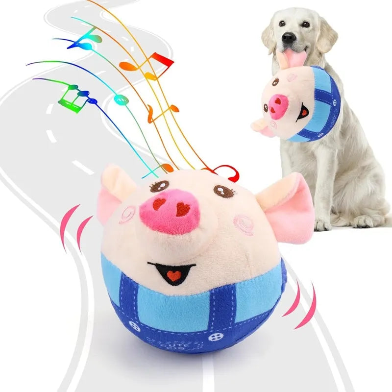 Dog plush piglet toy with electric jumping ball and recording mode for interactive pet play