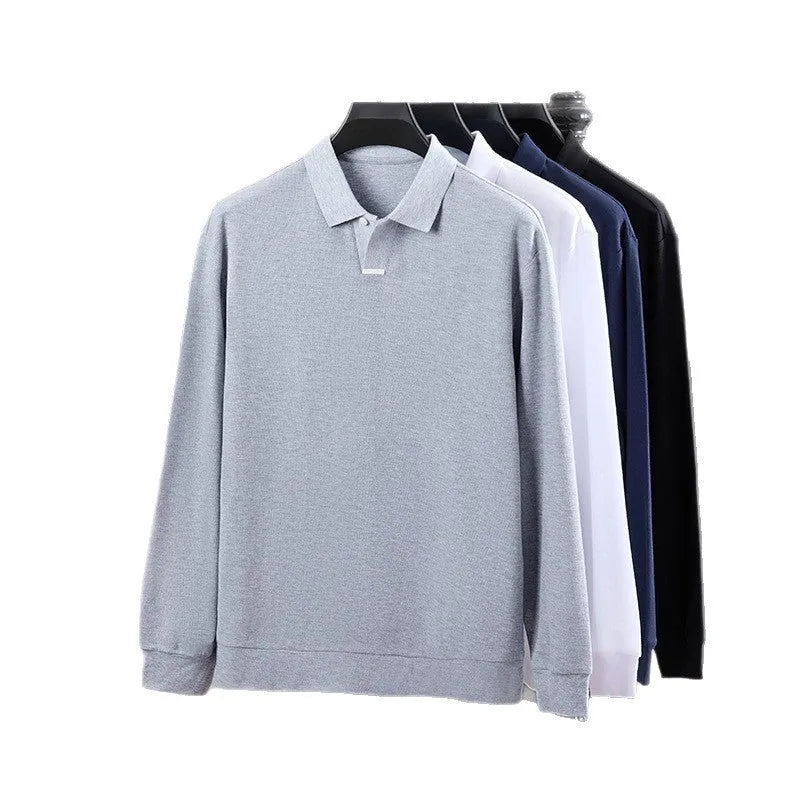 Men's grey cotton polo shirt with lapel collar and asymmetric design, loose fit long sleeves