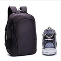 Black Oxford cloth drone backpack showing multiple internal compartments for camera and laptop storage