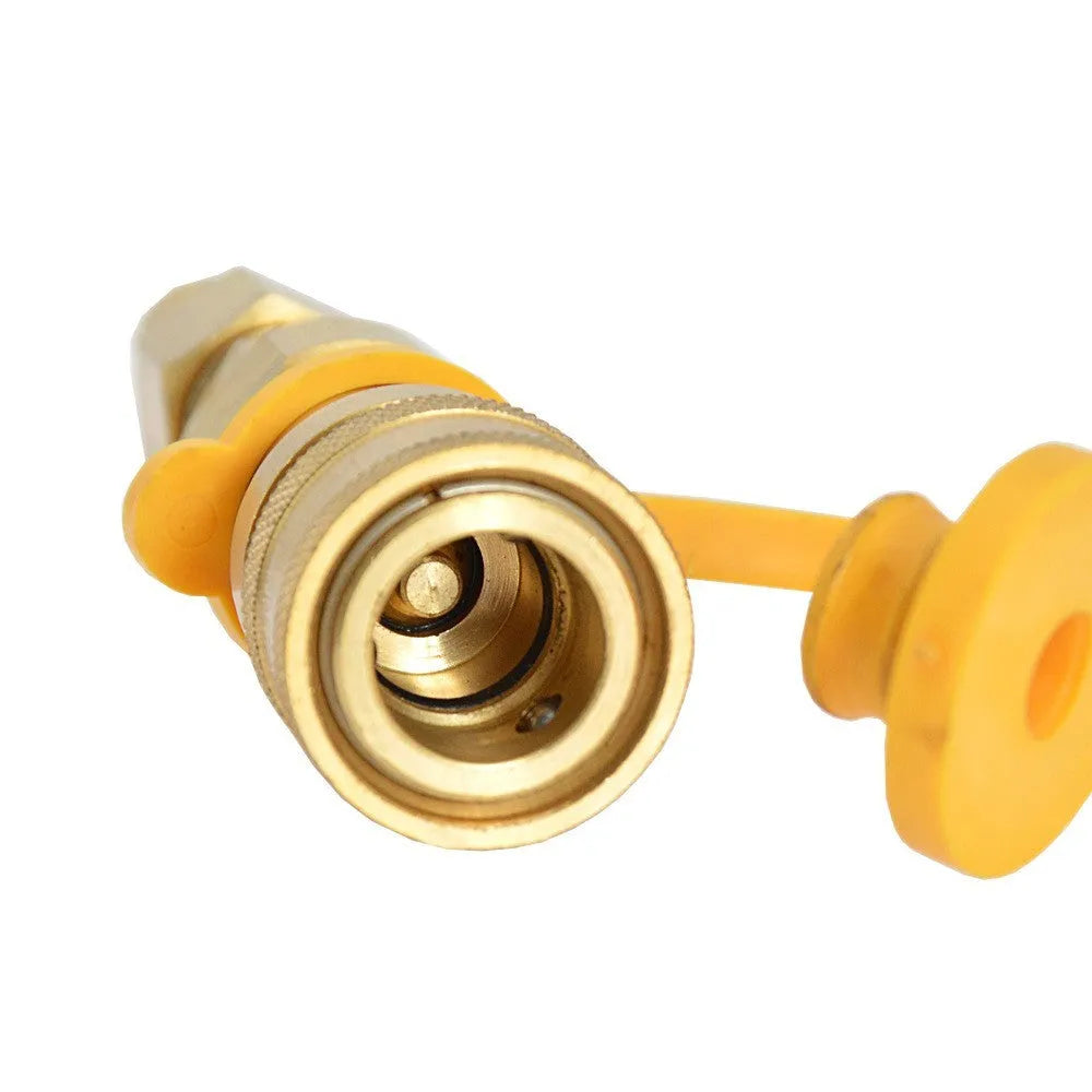 Gold-coloured brass 3/8-inch gas tank connector with visible threads for propane conversion.