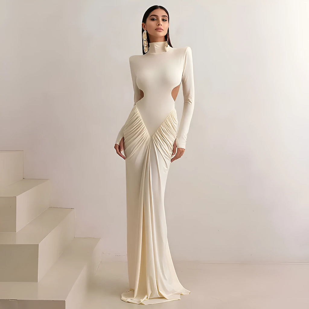 Long sleeve high collar slim fit pleated backless dress in a solid colour.