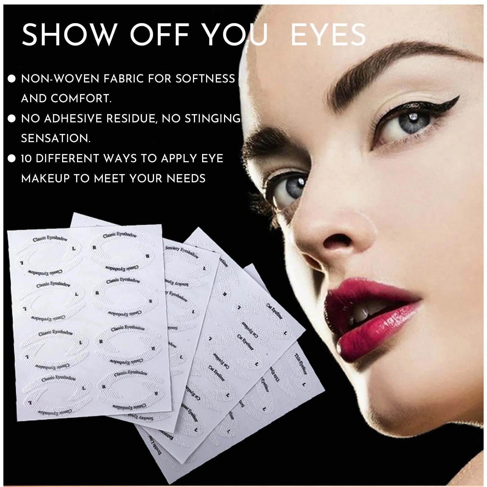 Set of four reusable flexible eyeliner and eyeshadow stencil stickers for makeup application.