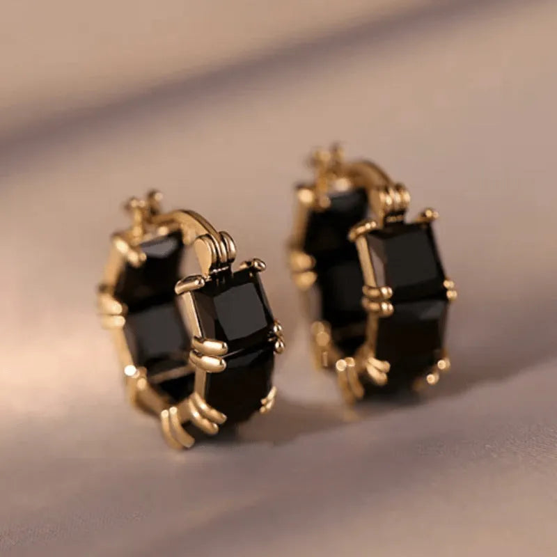 Geometric U-shaped women's earrings with round zircon elements in black, white or pink options