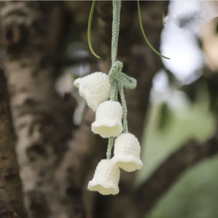 Green and white knitted wool succulent car ornament with 8cm base and hanging cord