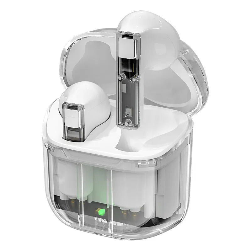YX06 transparent wireless earbuds in black, white, green, and orange colours with charging case.