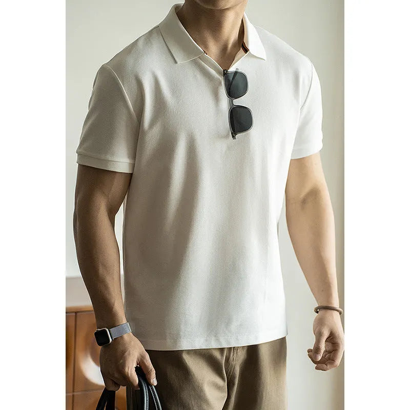 Men's short-sleeve cotton polyester polo shirt in blue, black and white colours showing regular fit design