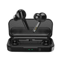 Black and white true wireless Bluetooth earbuds with charging case.