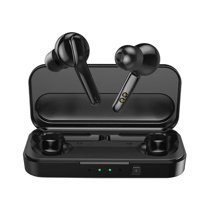 Black and white true wireless Bluetooth earbuds with charging case.