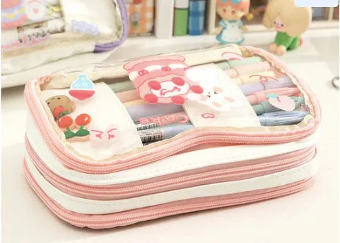 Japanese transparent heart-shaped pen bag with rabbit designs in red love rabbit and pink cake rabbit patterns