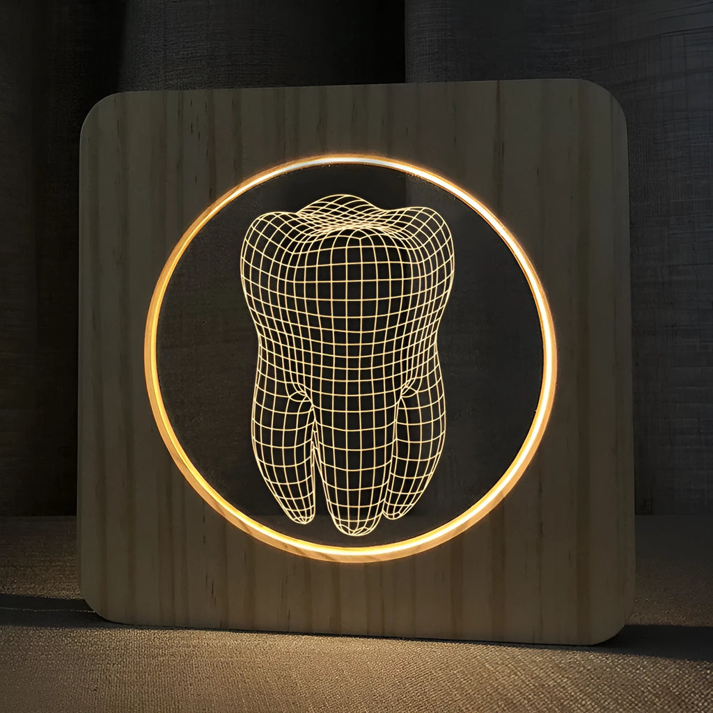 Tooth shaped wooden colour acrylic USB night lamp measuring 19cm square