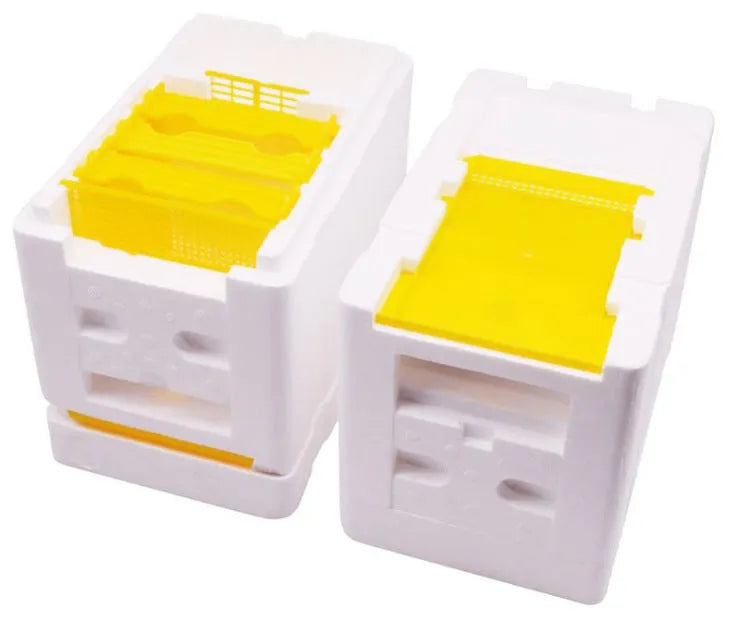 Three white EPS foam bee delivery boxes for beehive transport and colony management
