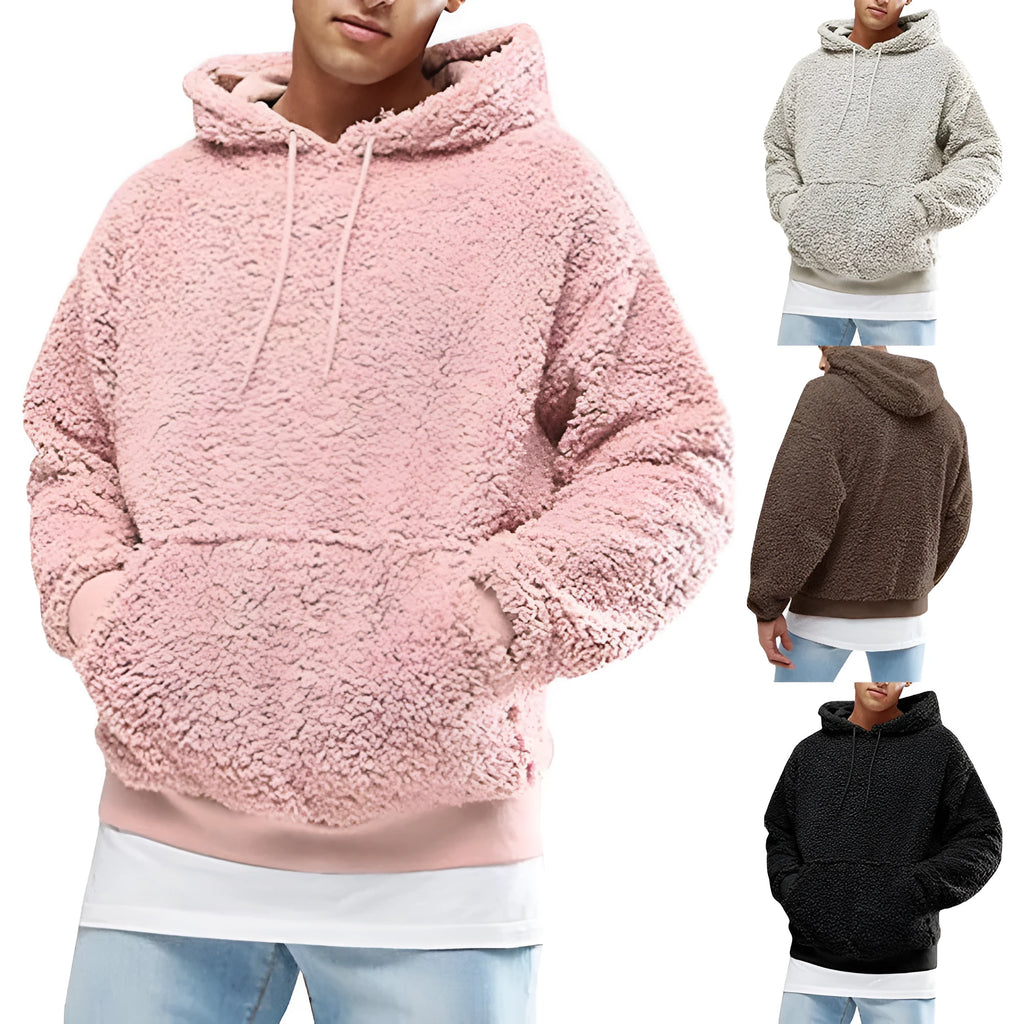 Mens fluffy fleece hoodie pullover in grey with hood, available in multiple colours and sizes S to 3XL