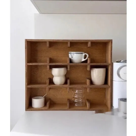 Solid wood square storage rack with multiple grid compartments for cup organisation