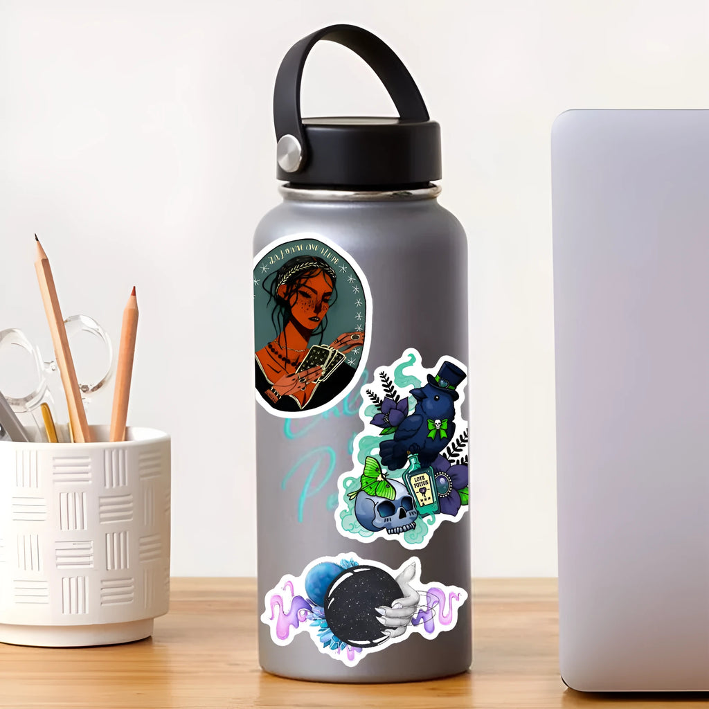 Waterproof laptop stickers 50 sheet pack showing glossy PVC material and various designs