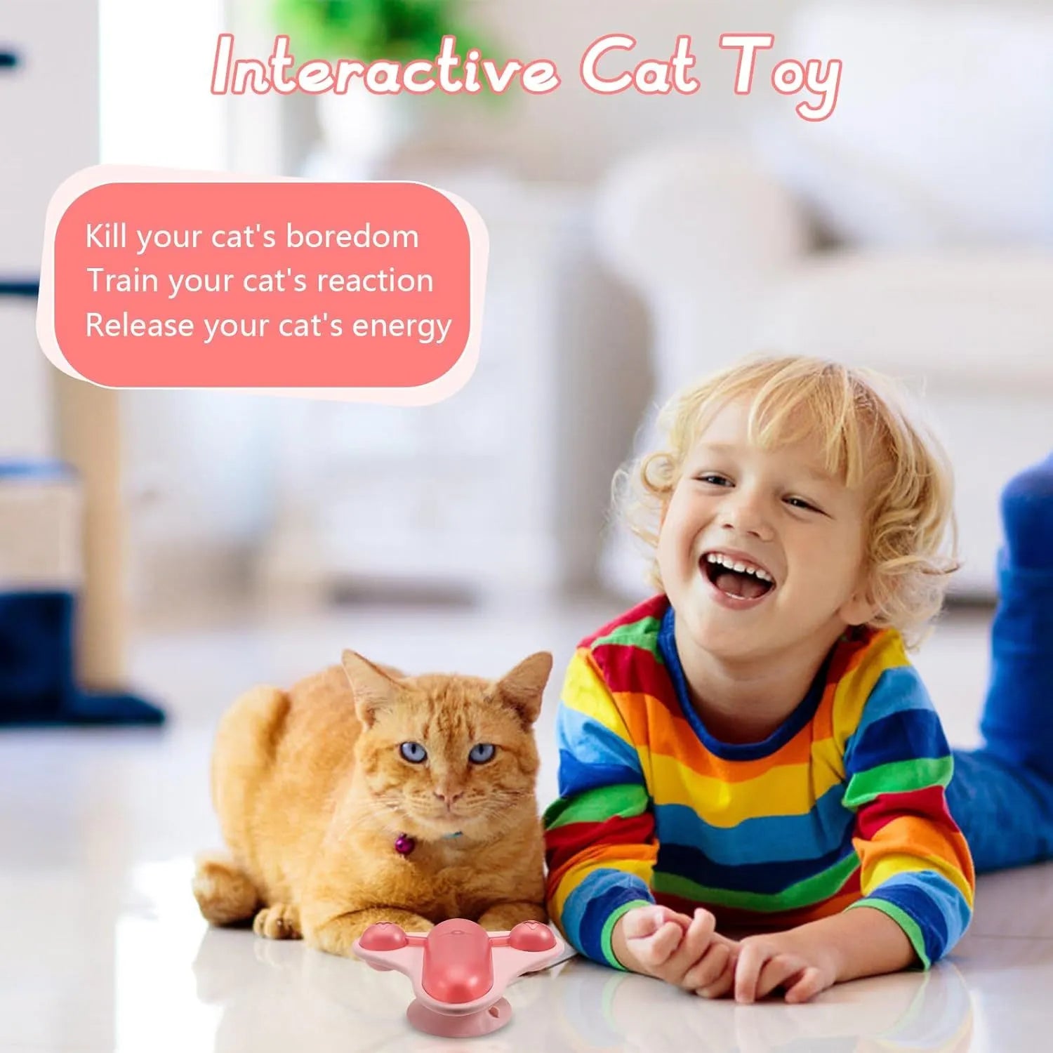Blue interactive pet puzzle toy with bell, catnip spot, and airplane snack cabin on a smooth floor.