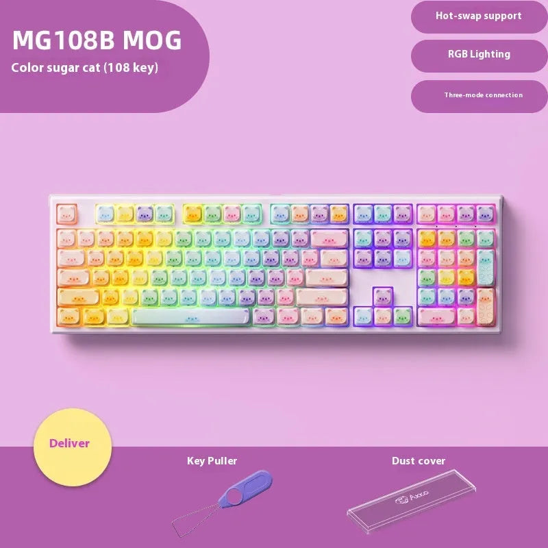 Coloured sugar cat theme Bluetooth mechanical keyboard with 108 keys and piano shaft switches