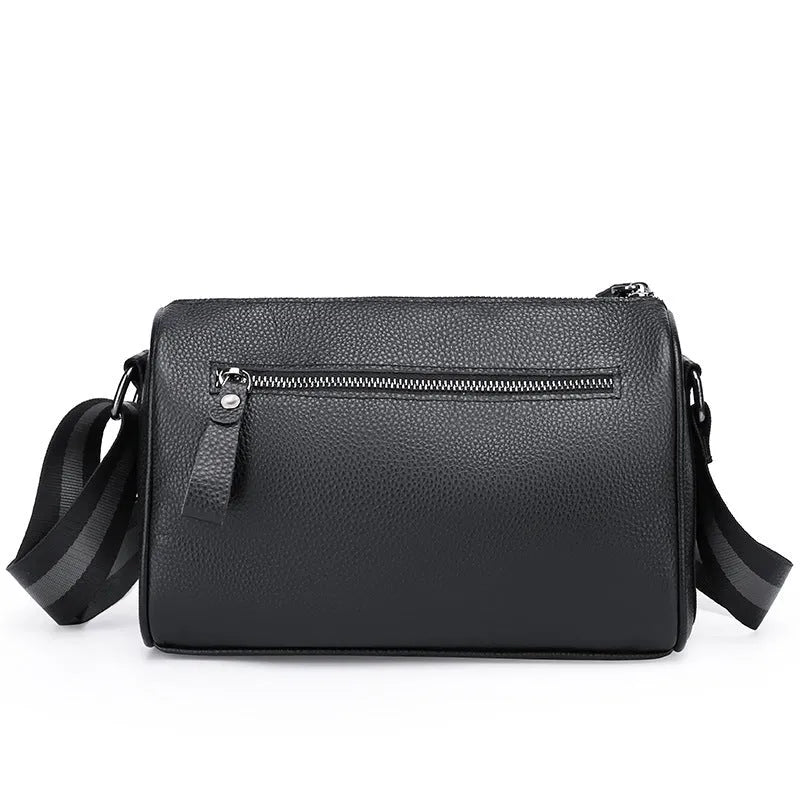 Black genuine leather one-shoulder crossbody bag showing front view