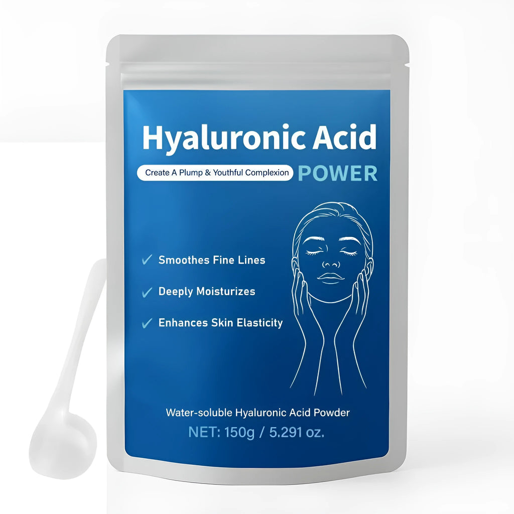 Container of pure hyaluronic acid powder, 150g net content, for DIY skincare formulations.