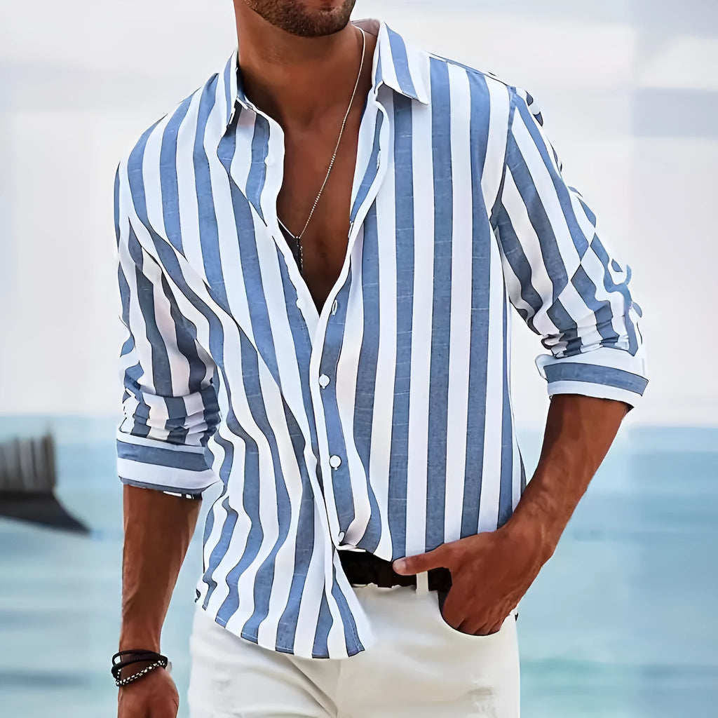 Men's loose-fitting striped long-sleeved shirt in British style cardigan cut with yarn-dyed pattern