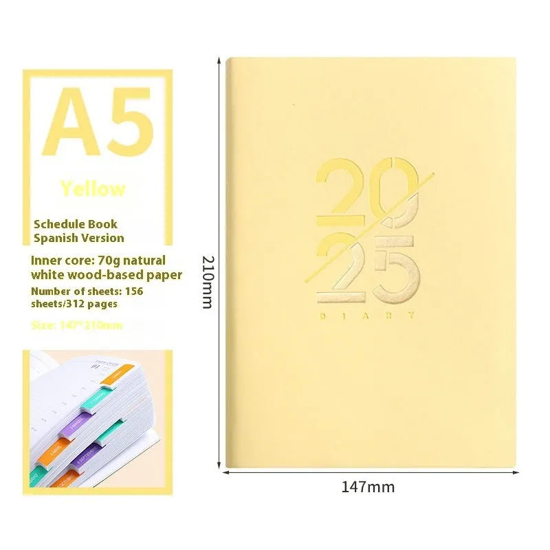 Soft cover A5 daily planner schedule book in blue, showing lay-flat binding and faux leather texture.