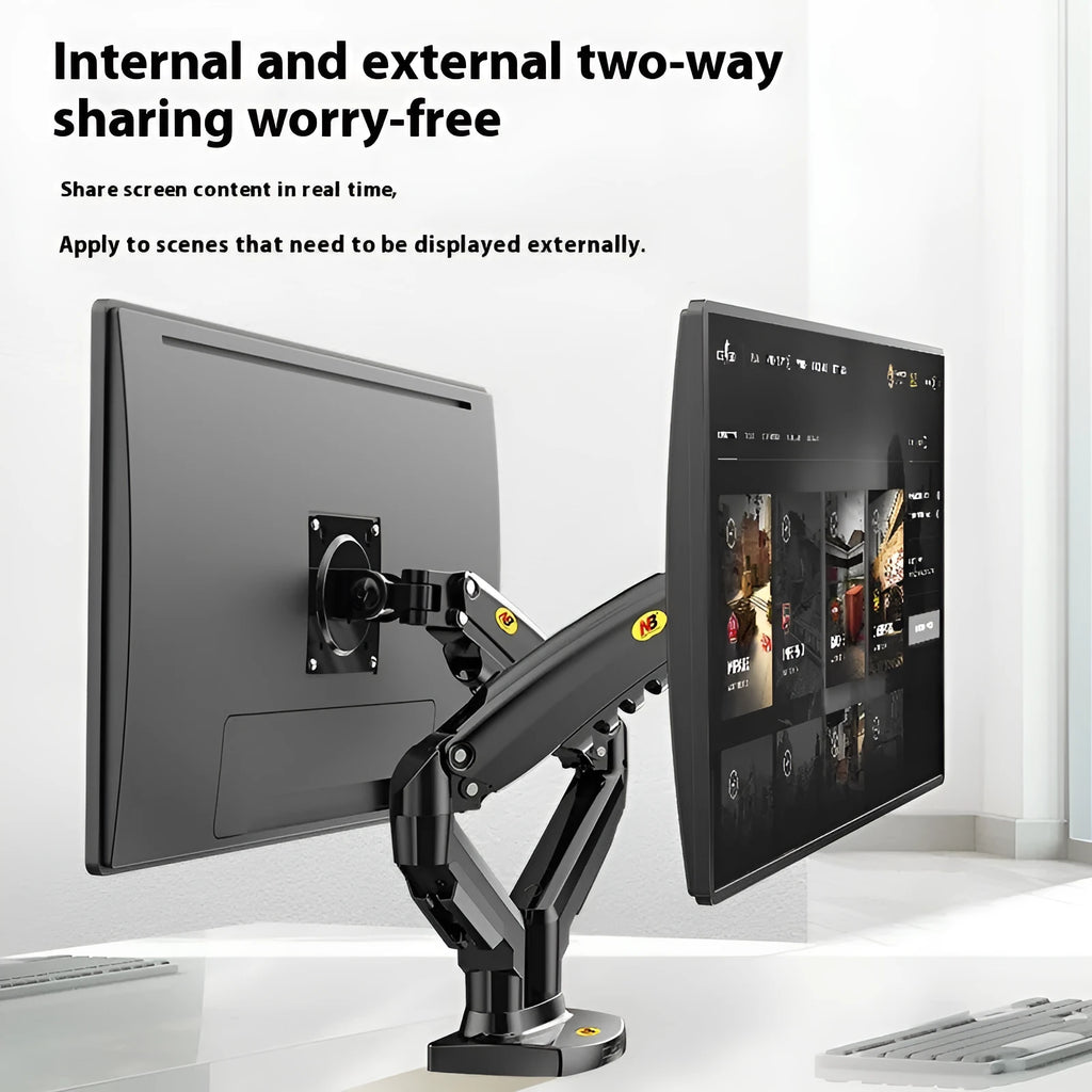 Dual monitor desk mount bracket in aluminium alloy with mechanical adjustment arms