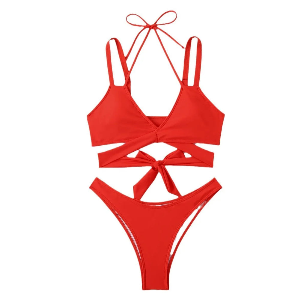 Women's solid colour strap bikini swimsuit showing briefs style and sleeveless design