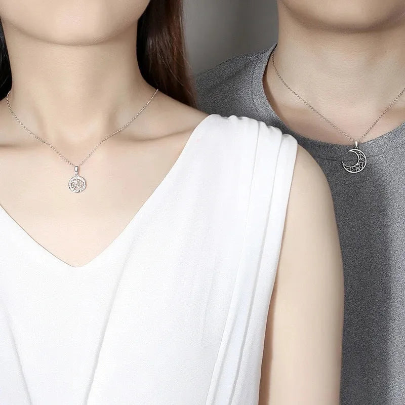 Sun and moon couple necklace with electroplated copper pendants on cross chain