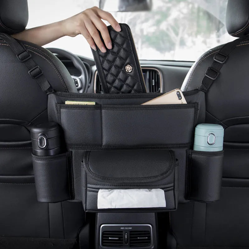 Leather car seat gap organiser with tissue box in black with Classic Lychee, Carbon Fibre, or Fashion Grain patterns