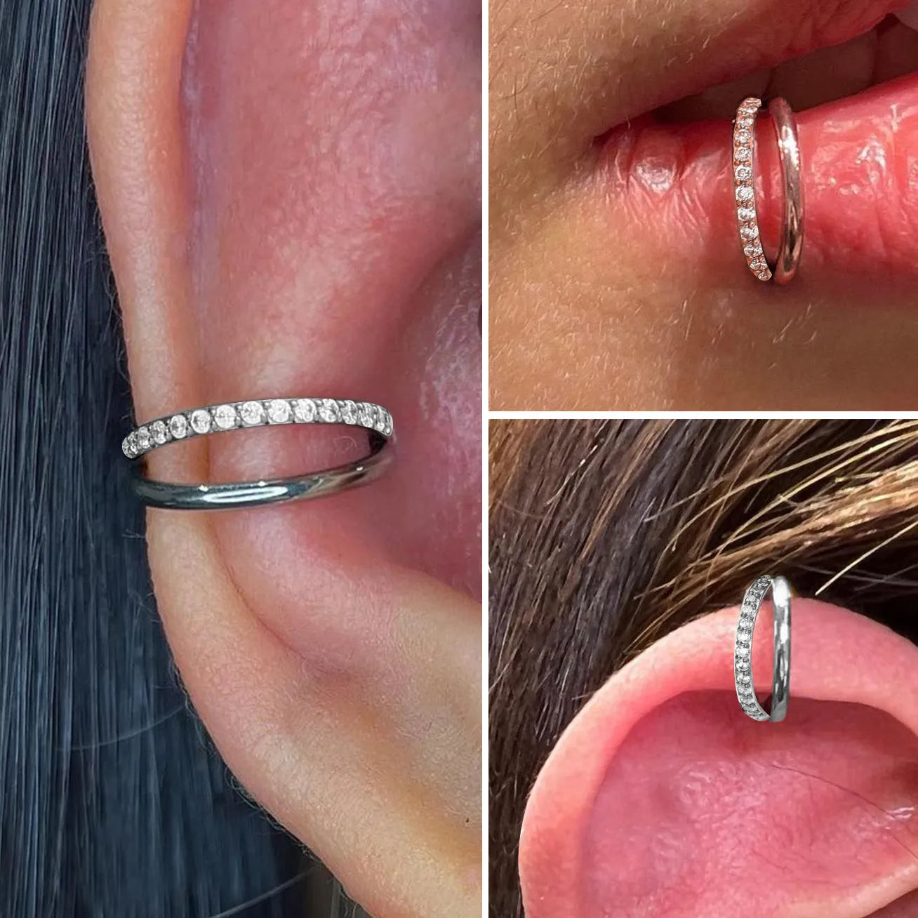 Titanium alloy nose ring jewellery on a plain background showing silver and gold colour options.
