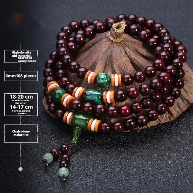 Men's traditional rosewood bracelet with 108 beads in various stone styles including lapis lazuli and turquoise