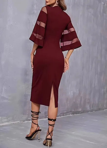 Women's high waist polyester dress with round neck in black and claret, available in sizes S to 3XL front view