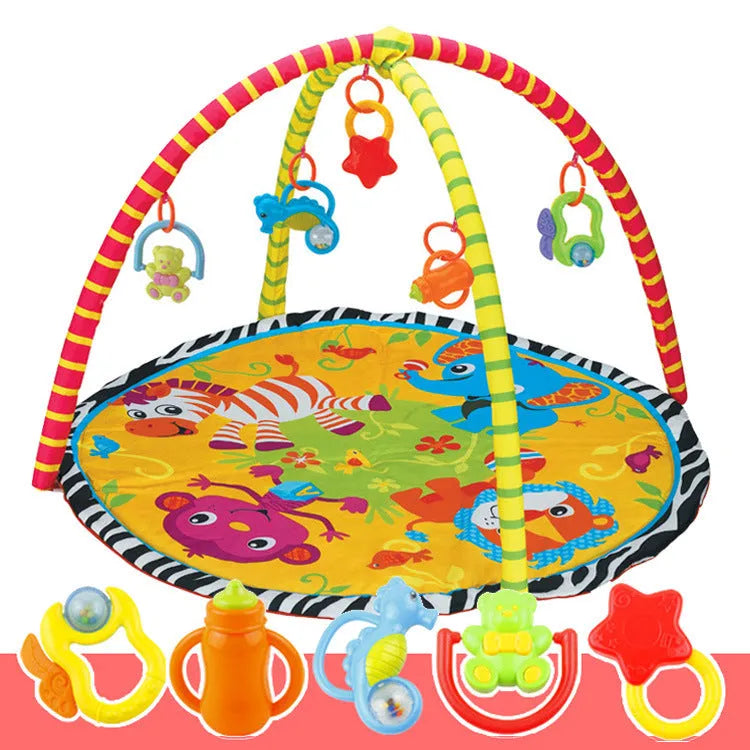 Baby play mat with colourful animal patterns on soft velvet fabric for crawling and floor play.