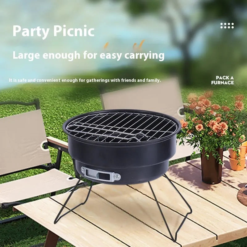 Small folding round ice stove with grill accessories for outdoor cooking