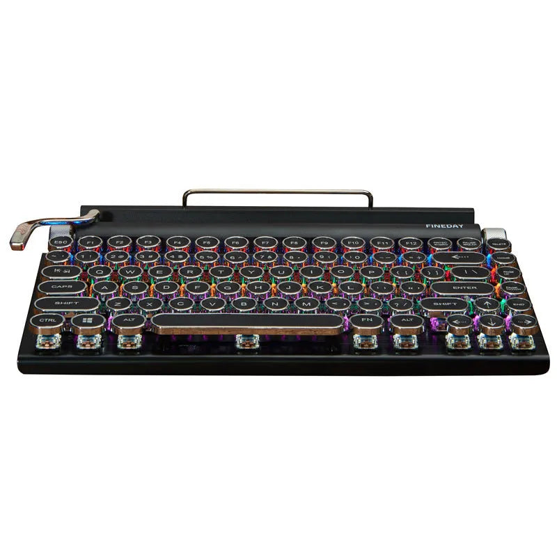 Black retro-style mechanical keyboard with typewriter keycaps and multi-colour backlighting on a desk.