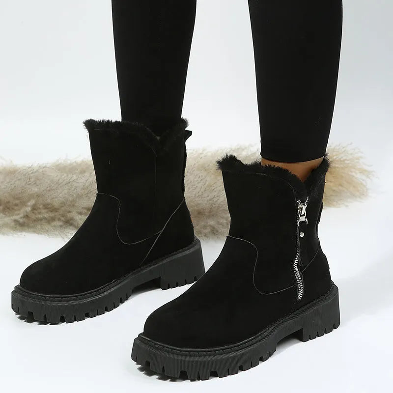 Women's black thick plush snow boots with side zipper and high top design.