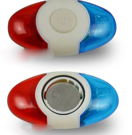 Red and blue LED bicycle tail light with adjustable mounting bracket.
